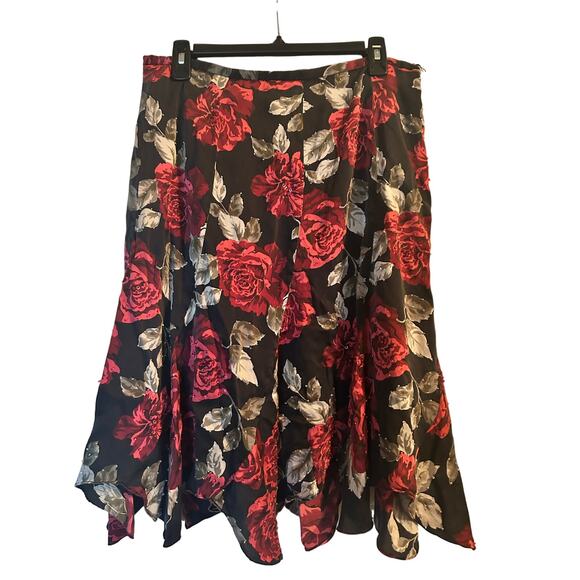 GUC E by ECi 100% Silk Skirt Floral Red/Black/Gray Size 12 - Picture 1 of 7